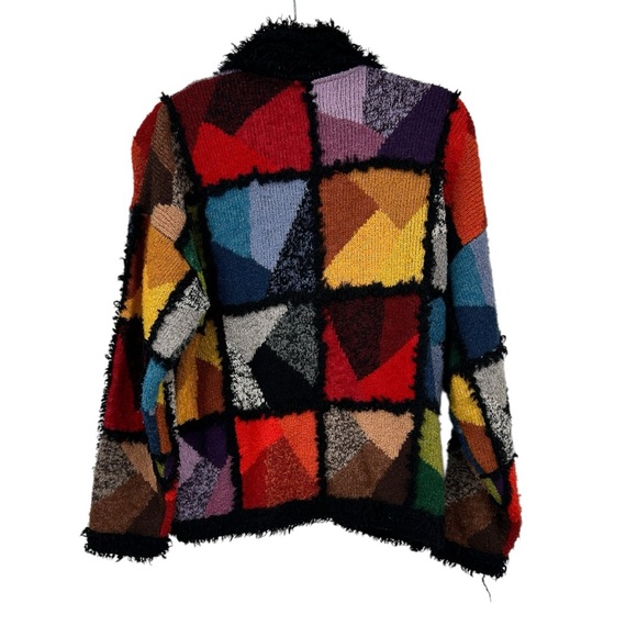 vintage Jane's closet colorful patchwork fringe wool blend cardigan sweater - Picture 2 of 3